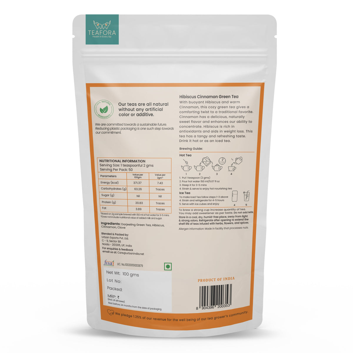 Image 4 of TEAFORA Hibiscus Cinnamon Green Tea | Darjeeling Loose Leaf | 100% Natural Hibiscus Flower, Cinnamon & Clove | Delicious & Refreshing | Brew Hot or Iced Tea