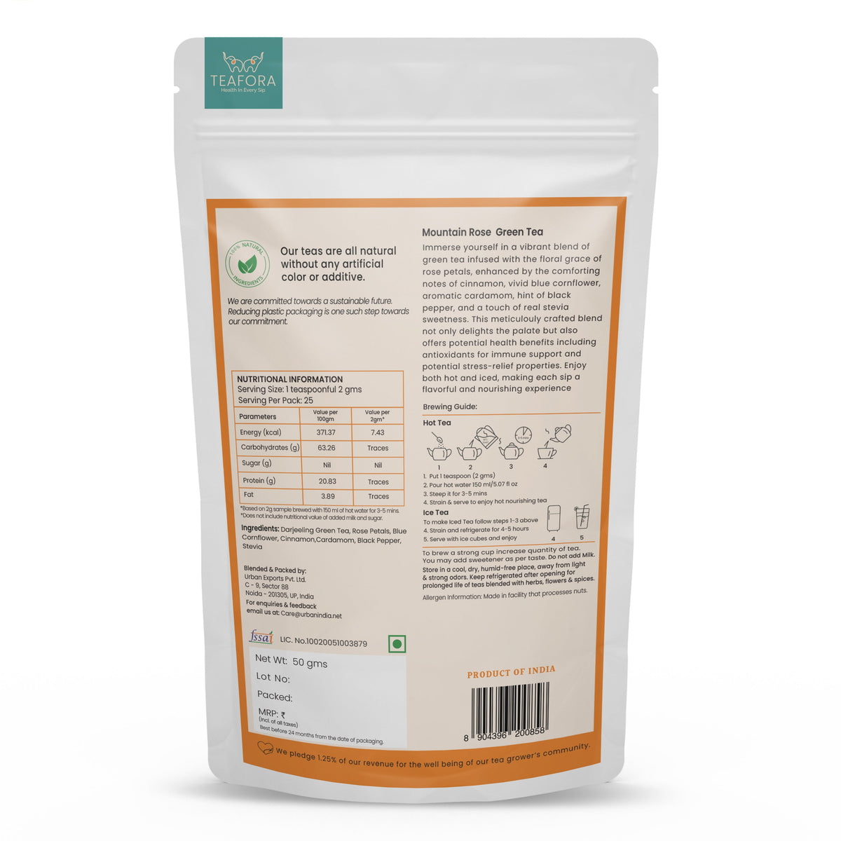 Image 4 of TEAFORA Mountain Rose Green Tea | Loose Leaf Tea | Blended with Rose Petals, Blue Cornflower & Cinnamon | 100% NATURAL INGREDIENTS | Brew Hot or Iced Tea