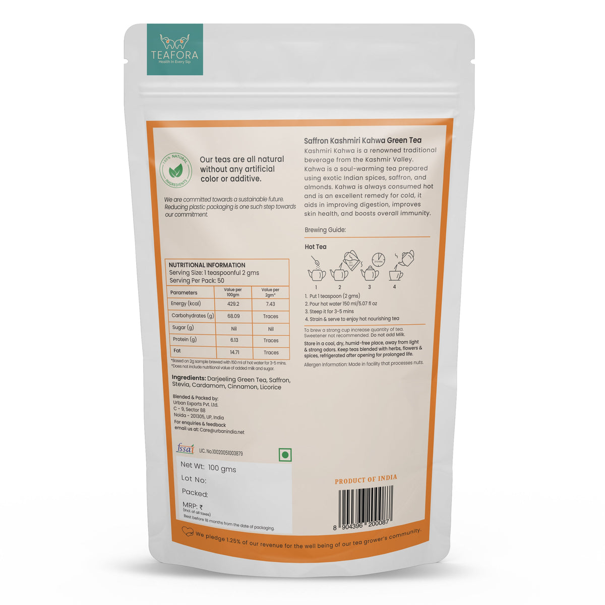 Image 4 of TEAFORA Saffron Kashmiri Kahwa | Loose Leaf Green Tea | Saffron, Cardamom, Cinnamon, Almond | Warming & Soothing Tea | Improves Digestion, Boosts Immunity | 100% NATURAL