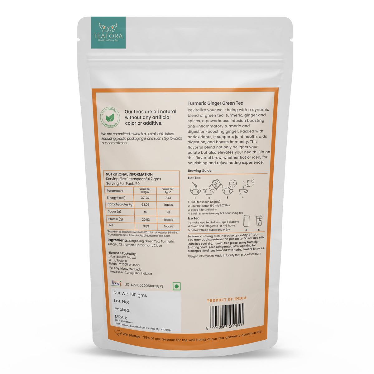 Image 4 of TEAFORA Turmeric Ginger Green Tea | Darjeeling Loose Leaf Tea | Blended with Indian Turmeric, Ginger & Cinnamon | 100% NATURAL INGREDIENTS | Brew Hot or Iced Tea