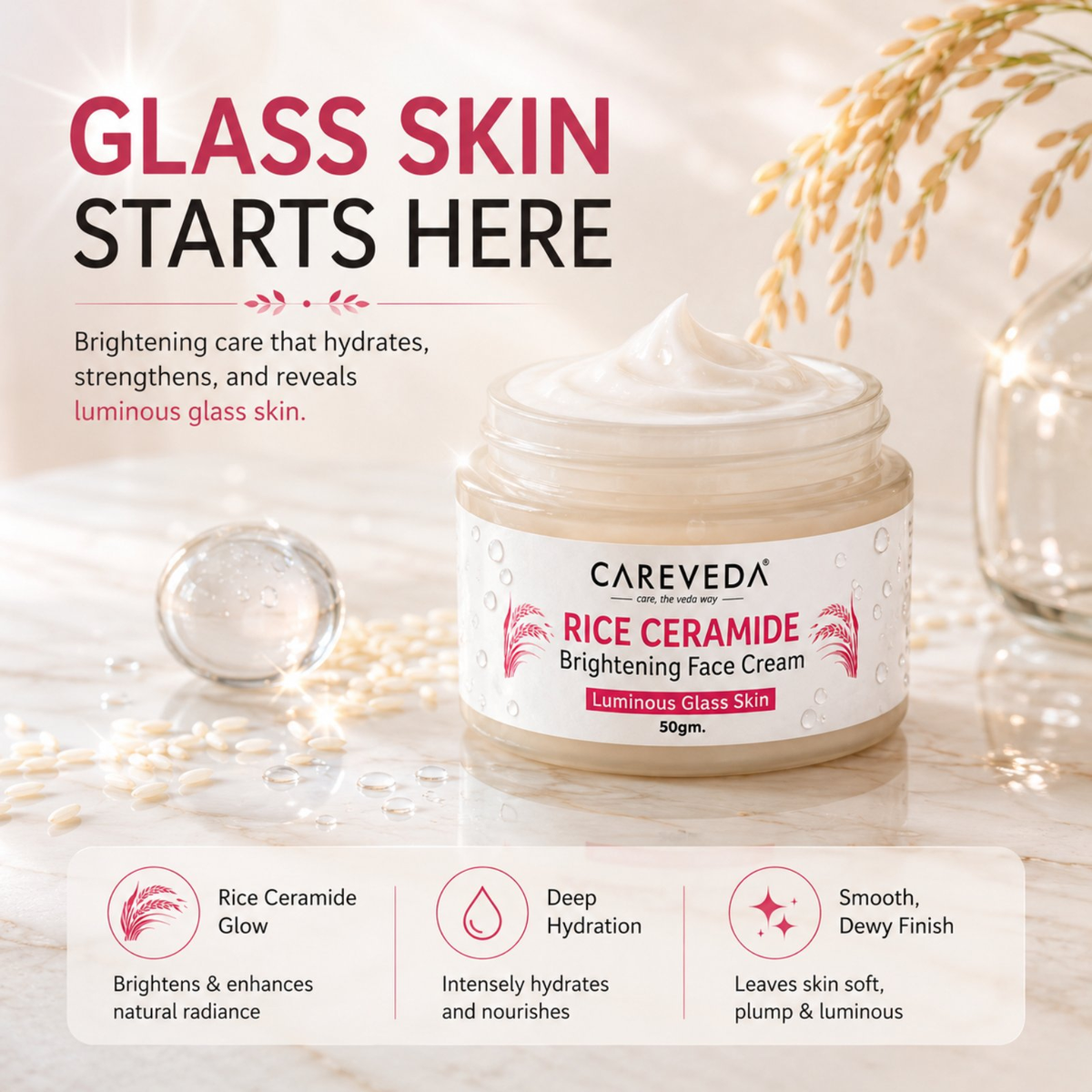 Image 2 of CareVeda Rice Ceramide Brightening Face Cream for Luminous Glass Skin | Deep Hydration & Moisture Barrier Repair