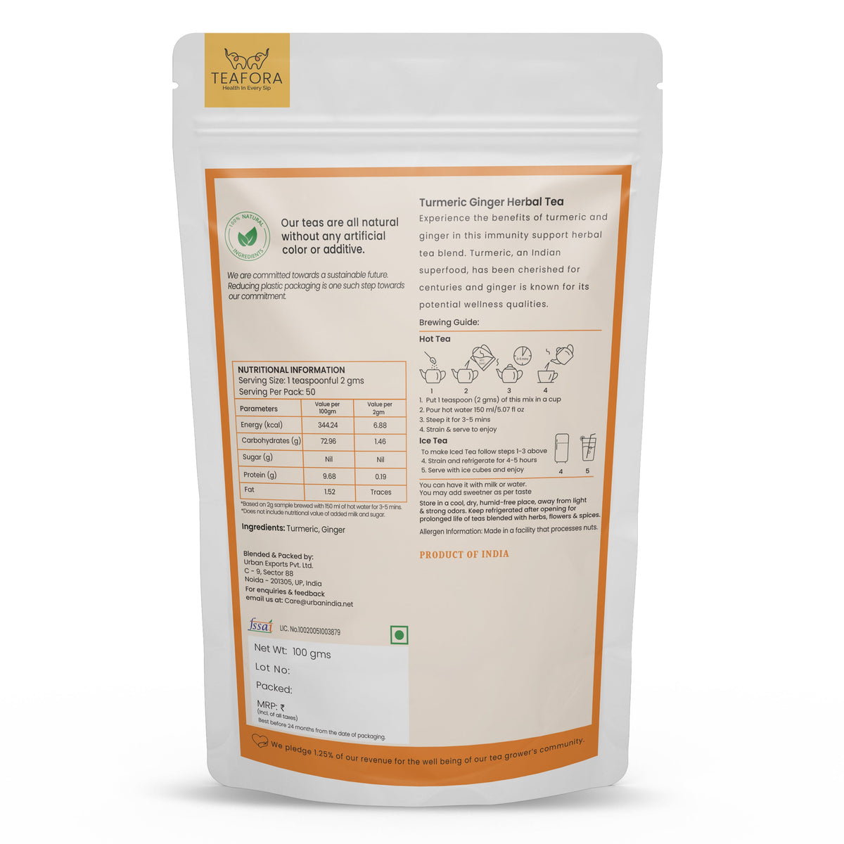 Image 4 of TEAFORA Turmeric Ginger Herbal Tea | Indian Superfoods | Aids Digestion & Supports Immunity | Stress Relief Tea | 100% NATURAL INGREDIENTS