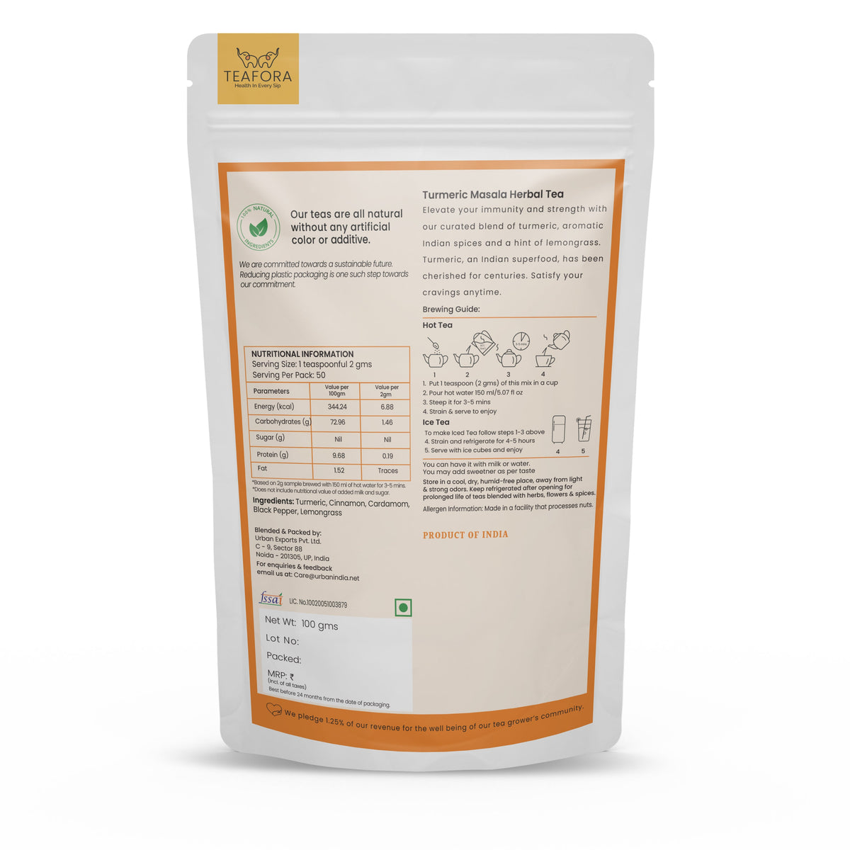 Image 4 of TEAFORA Turmeric Masala Herbal Tea | CAFFEINE-FREE | 100% NATURAL | Immunity Support Tea | Turmeric, Cinnamon, Cardamom, Black Pepper, Lemongrass