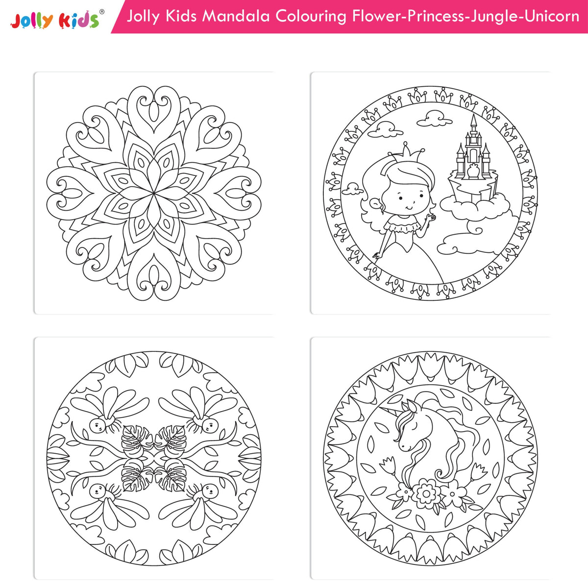 Image 10 of Jolly Kids Mandala Colouring Books Set| Set of 4| Colouring Book: Stress Relieving Designs Flower, Jungle, Princess & Unicorn Colouring Books