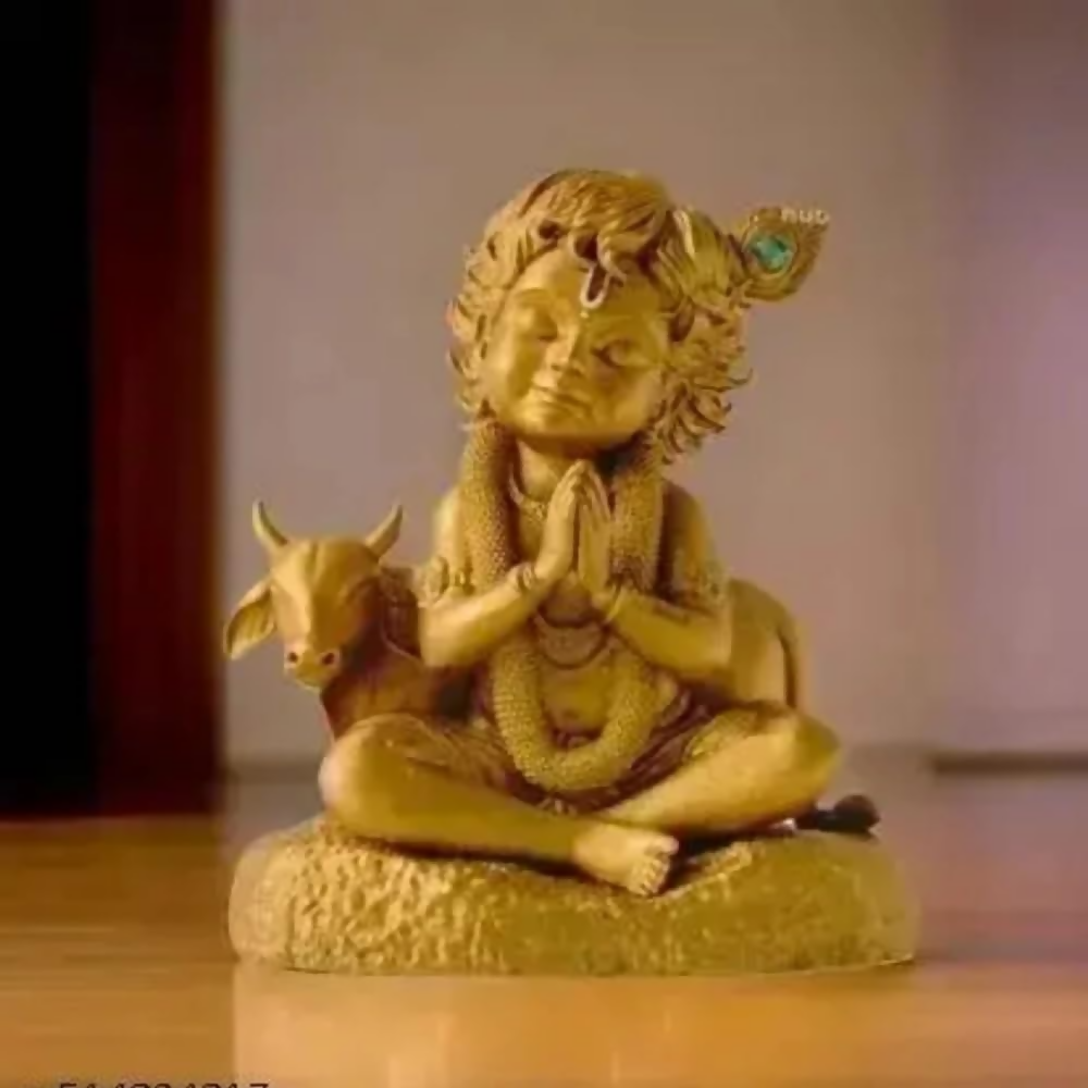 Image 6 of Krishna Laddu Gopal Murti with Cow - Golden Krishna