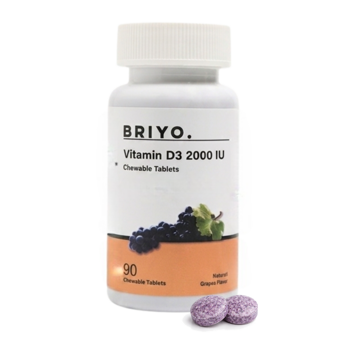 Image 1 of 90 tabs for the product Briyo Vitamin D3 2000 IU D3 Tablets - Natural Grape Flavor