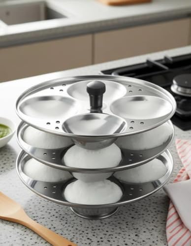 Image 4 of BLLUEX 3 Plates Stainless Steel Heavy Quality Idli Stand for 3 Liter Cooker | (12 Big Size idli Maker Stand Kitchen Tool 3 Plates, Silver)| Bigger Idli Size (12 IDLI)