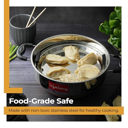 Image 7 of Lifelong Multi Kadai Steamer Set | 29cm, 2.5kg | Momo Maker 4.2Ltr | 5 Large Plates for Idli, Dhokla & Steamer | Induction-Friendly 3-Layer Thick Bottom (LLSSMK05, Stainless Steel)