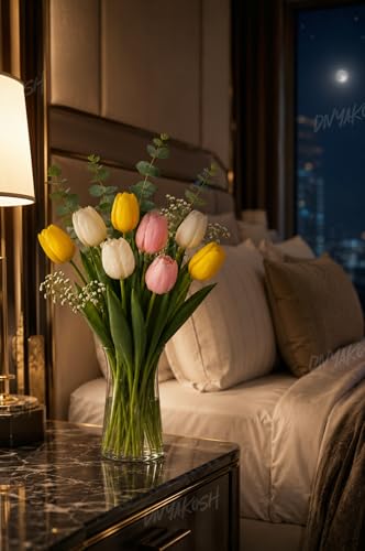 Image 6 of Divyakosh Artificial Flowers for Vase (Vase Not Included)- Luxury Tulip Flower Bouquet with Eucalyptus & Baby's Breath, Faux Floral Arrangement for Home Decor, Living Room, Wedding Decoration, Office