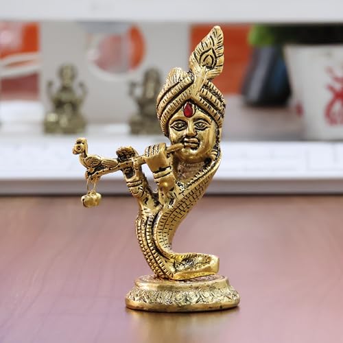 Image 1 of Default Title for the product KridayKraft Pagdi Krishna with Playing Flute Idol, Gold-Toned Metal Decorative Showpiece