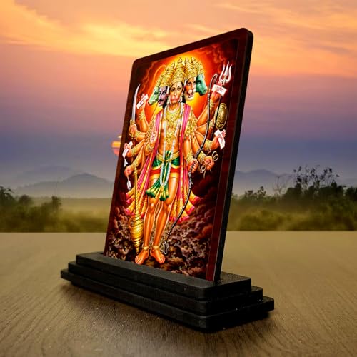 Image 3 of Panchmukhi Hanuman Small Wooden Idol 4x5 Inch Golden Glow HD Printed Home Decor