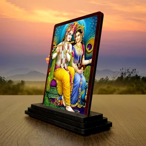 Image 3 of Radha Krishna Spiritual Art Wooden Idol 4x5 Inch HD Printed Table Decor for Home Temple