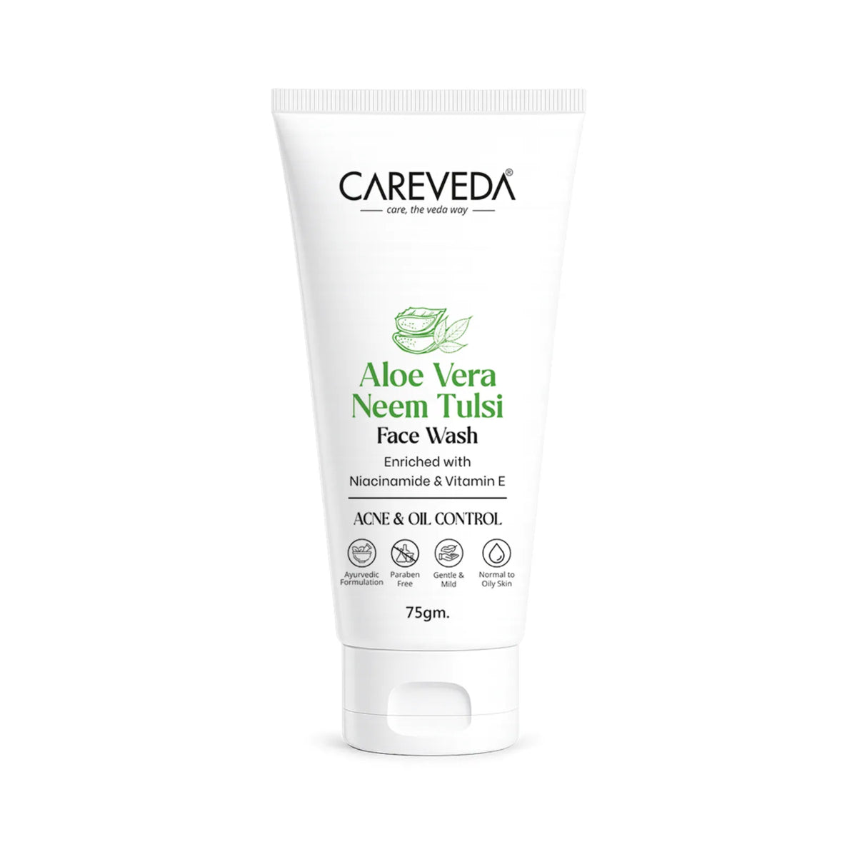Image 1 of 75 gm / Pack of 1 for the product CareVeda Aloe Vera Neem Tulsi Face Wash with Niacinamide & Vitamin E