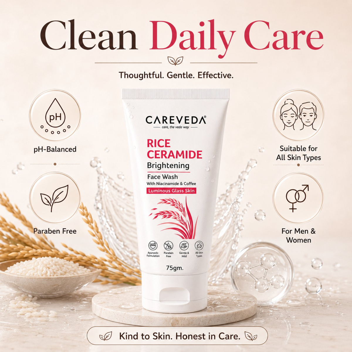 Image 2 of CareVeda Rice Ceramide Brightening Face Wash with Niacinamide & Coffee for Luminous Glass Skin