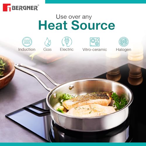 Image 7 of BERGNER TriPro Triply Stainless Steel 7 Pcs Cookware Set - 20cm (1.5L) Deep Kadai, 20cm (1.2L) Sautepan, 16cm (1.7L) Saucepan, 20cm (3L) Casserole, 3 Stainless Steel Lids - Induction and Gas Ready