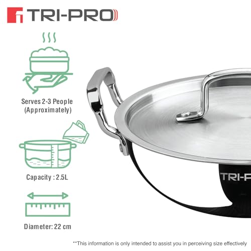 Image 7 of BERGNER Bergner Tripro Triply Cookware Set 5 Pcs - 22cm (2.3L) Kadai with Lid, 22cm Frypan, 16cm (1.8L) Tope with Lid