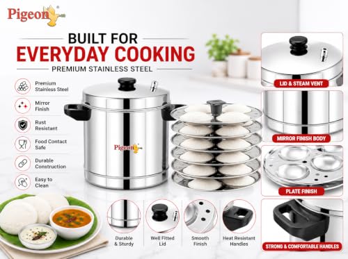Image 8 of Pigeon Classic Stainless Steel Idli Cooker with Whistle Indicator | Idly Cooker Pot | Steel Idli Maker with Silver Lid - 6 Plates (for 24 Idlies)