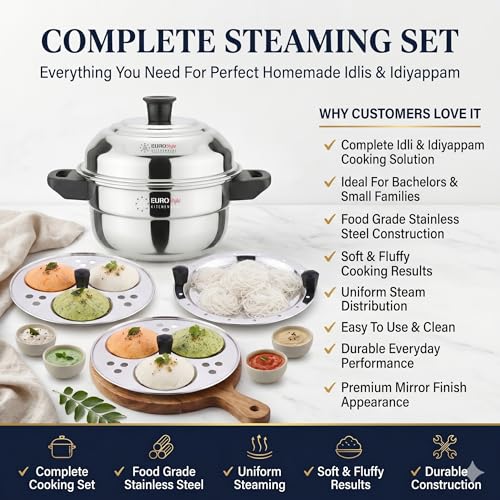 Image 7 of Eurostyle Premium Stainless Steel Idli, Idiyappam & Dhokla Steamer - ISI Mark Certified - (2Idli plates(6 idlis) Steamer) for Flawless Fluffy Idlis - 1.5L capacity - 3Years warranty (Stainless Steel) - Royal 6 Deluxe