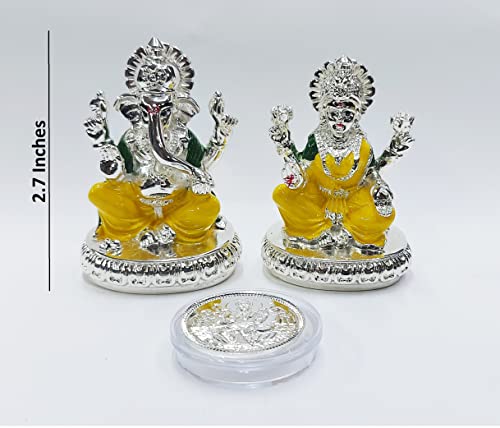 Image 3 of Gold Art India Chakra Laxmi Ganesh Silver Plated Yellow Idol (2.7" Inch)