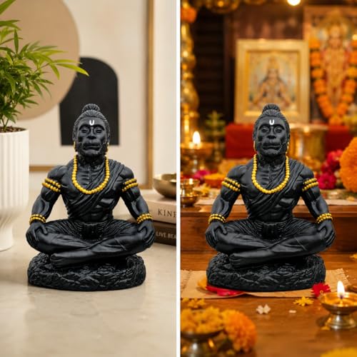 Image 6 of Hanuman Ji Car Dashboard Idol | Bahubali Hanuman ji Home Temple, Office Desk & Living Room Decor | Premium Black Meditation Pose Showpiece (Black)