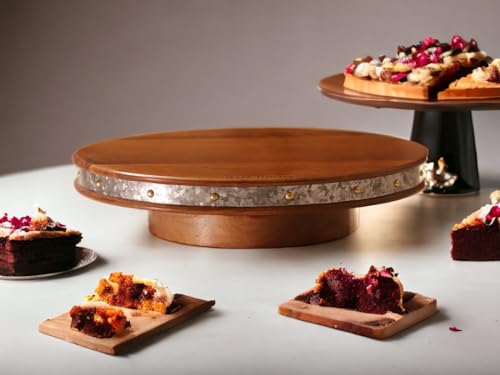 Image 6 of Vesta Homes Large Round Wooden 360 degree Rotating Cake Stand, Pizza Stand, Dessert Platter, Stand for Dining Table | Diameter - 12 inch, Height - 3 inch