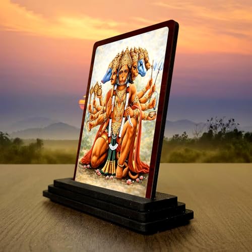 Image 3 of Panchmukhi Hanuman Traditional Pooja Wooden Idol 4x5 Inch HD Printed Table Decor for Home Temple
