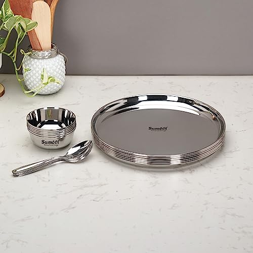 Image 7 of Sumeet Solid Stainless Steel Heavy Gauge Mirror Finish Dinner Set of 18 Pcs (6 Plate, 6 Bowl/Wati, 6 Spoon), Silver