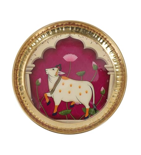 Image 7 of Two Moustaches 6 Inches Kamdhenu Cow Design Brass Pooja Thali, Multicolored, Pack Of 1