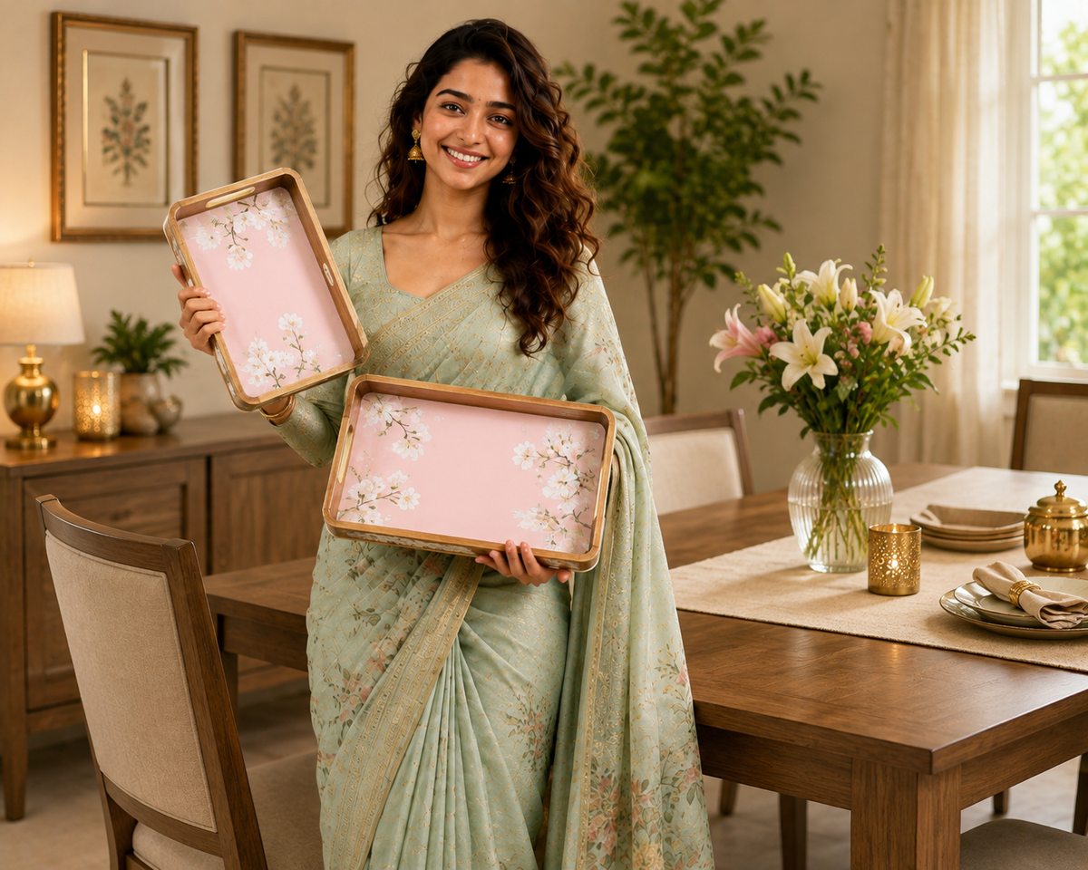Image 2 of Sattvya Gifting Pink Floral Rectangular Serving Trays - Set of 2