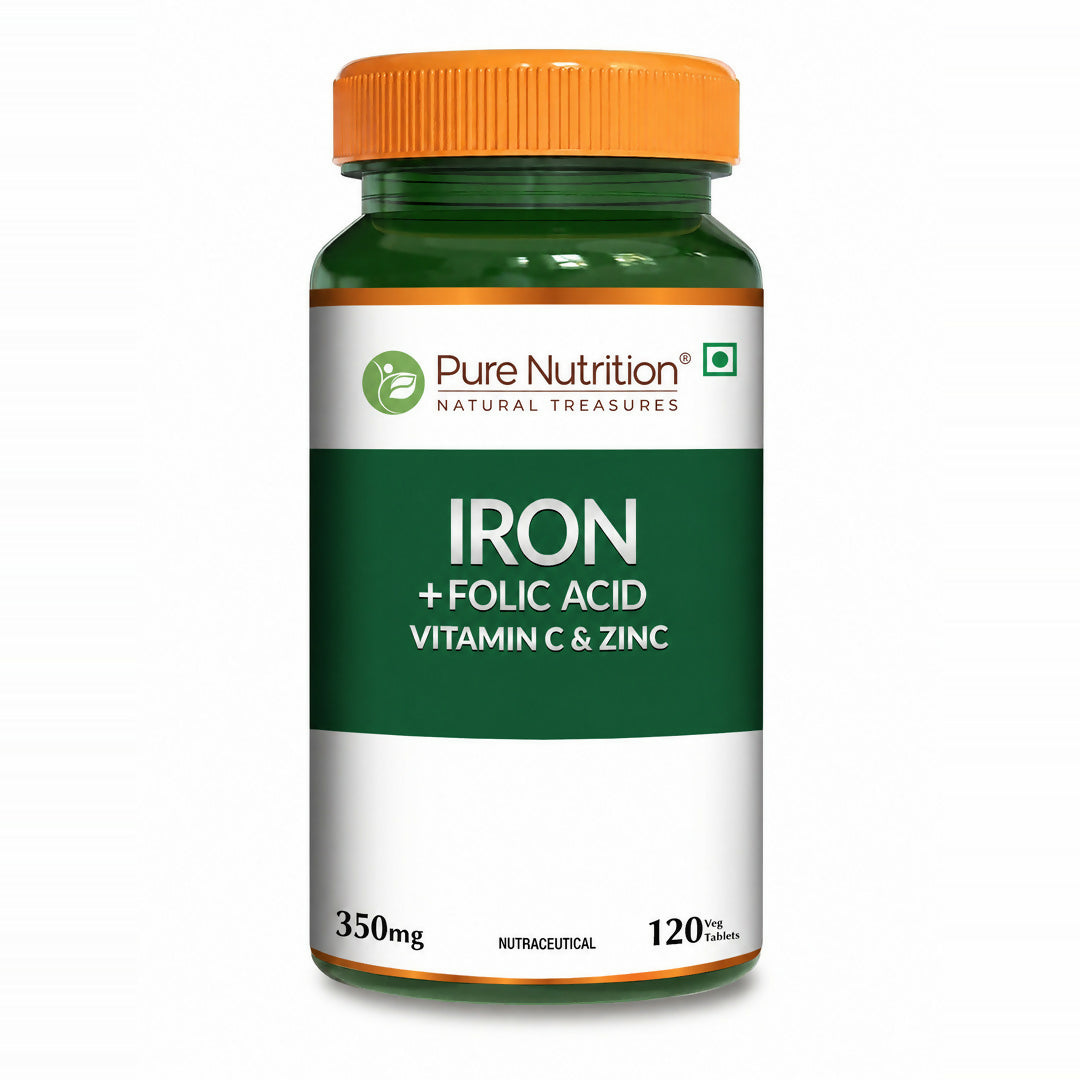 Image 1 of 120 tabs / Pack of 1 for the product Pure Nutrition Iron Folic Acid Supplement Veg Tablets with Zinc, Vitamin C & Vitamin B12 for Men & Women