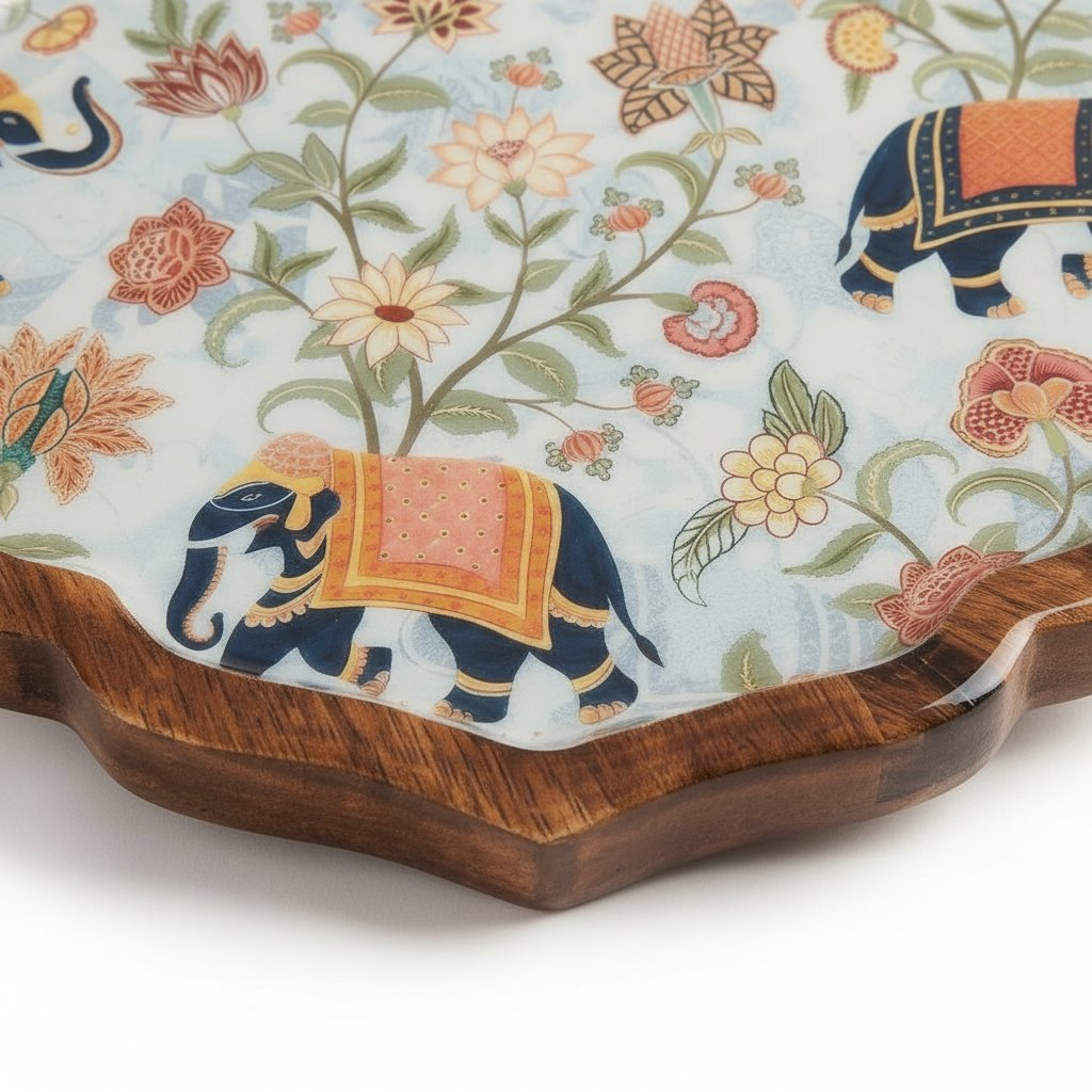 Image 4 of Sattvya Gifting Elephant and Floral Design Wooden Snacks Platter