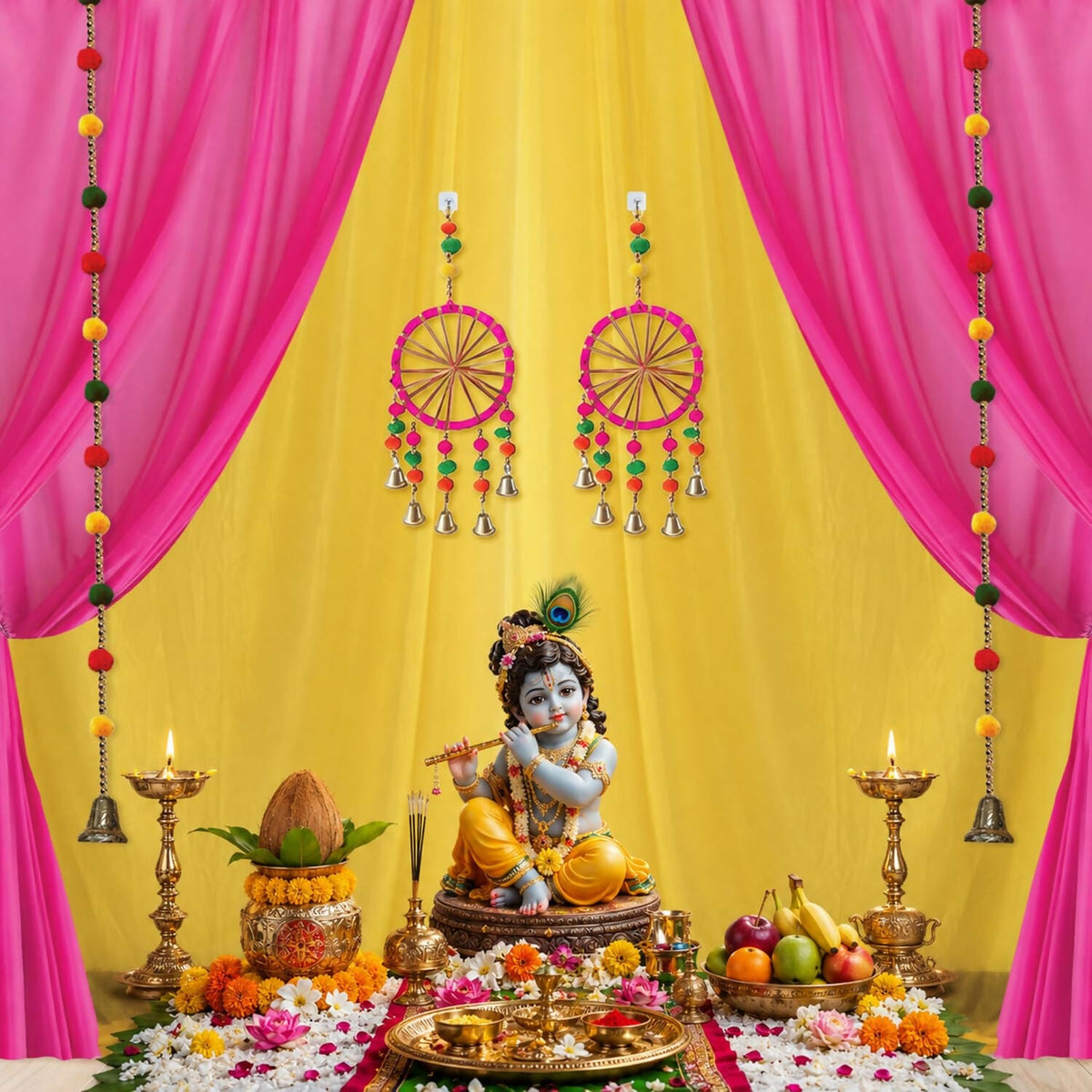 Image 8 of Party Propz Ganpati Backdrop Decoration Set – 12 Pcs Pink & Yellow Satin Pooja Cloth