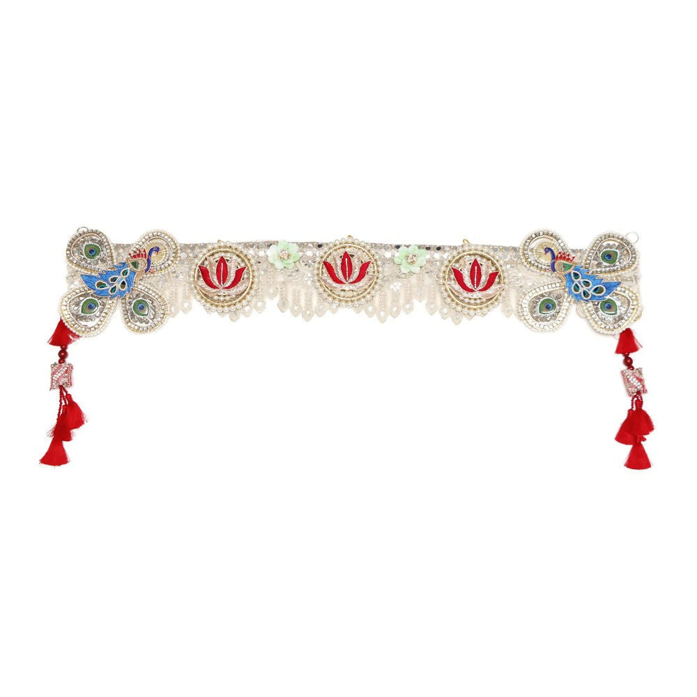 Image 6 of Renu's Creation Peacock & Lotus Embroidered Toran with Red Tassels