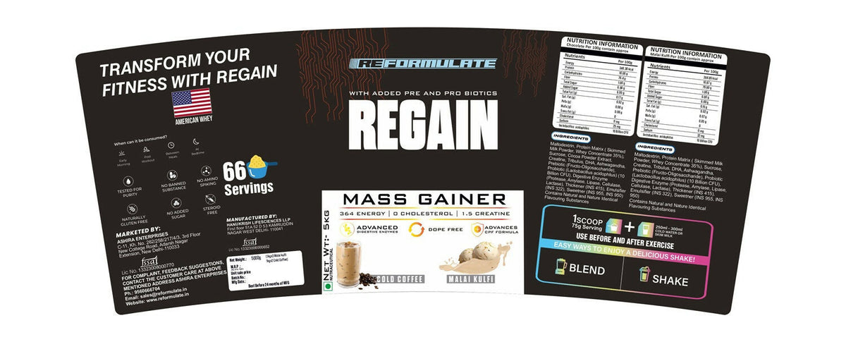 Image 4 of Reformulate Regain I Mass Gainer with Added Pre and Pro Biotics I 364 Energy | 1.5 Creatine - Cold Coffee & Malai Kulfi
