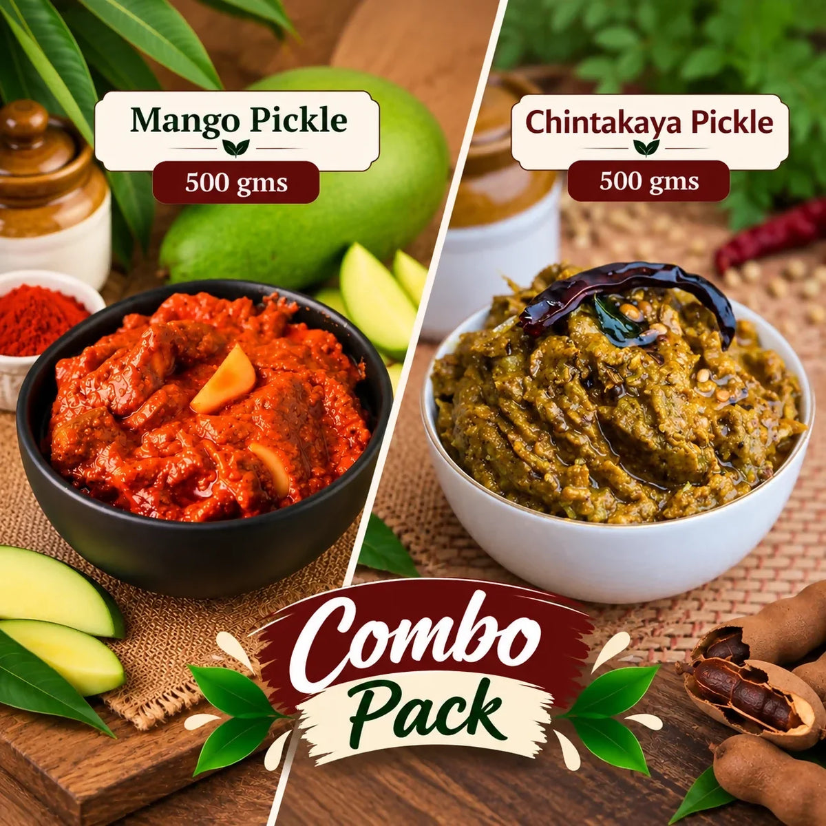 Image 2 of Tenali Ruchulu Pickles Combo: Mango Pickle + Chintakaya Pickle