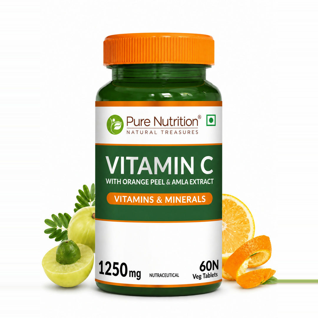 Image 1 of 60 tabs / Pack of 1 for the product Pure Nutrition Plant Based Vitamin C Tablets | Vitamin C Supplements with Amla & Orange Peel Extract