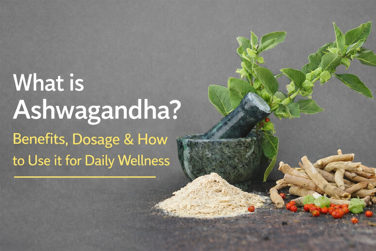Ashwagandha root, powder, and leaves next to a mortar and pestle on a dark background