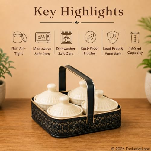 Image 4 of ExclusiveLane Whispers of Warli Ceramic Pickle Jars with Iron Holder Set of 4 160 ml
