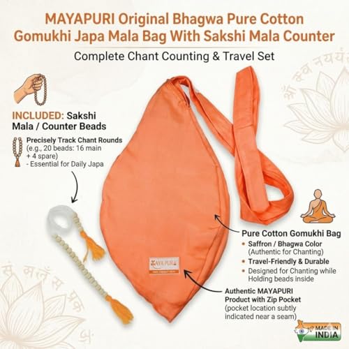 Image 7 of Cotton Bhagwa Gomukhi Japa Bag with Zip Pocket and Sakshi Mala Set