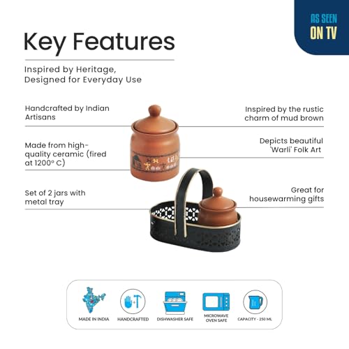 Image 4 of ExclusiveLane Warli Village Tales Handcrafted Ceramic Pickle Jar Set of 2, 250 ML