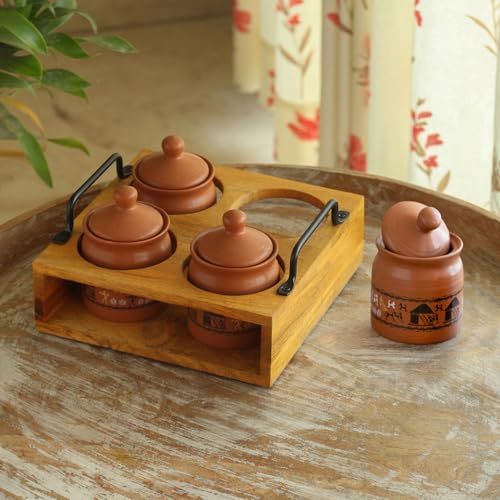 Image 1 of Default Title for the product ExclusiveLane Warli Village Tales Handcrafted Ceramic Pickle Jar Set of 4, 250 ML
