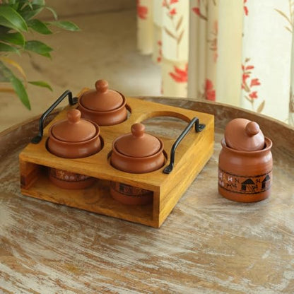 Image 1 of Default Title for the product ExclusiveLane Warli Village Tales Handcrafted Ceramic Pickle Jar Set of 4, 250 ML