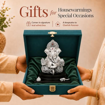 Image 4 of Dev Aastha Silver-Plated Lord Ganesha Idol with Modak & Mushak - Large