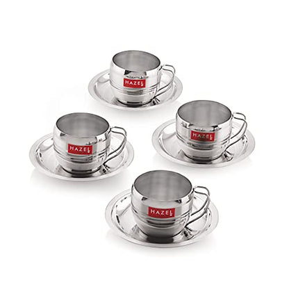 Image 3 of 8 / 4 pcs Cup (170 ML) and 4 pcs Saucer for the product HAZEL Stainless Steel Cup & Saucer Set of 6 | 170 ml Unbreakable Tea/Coffee Cups & Saucers | Stainless Steel Mugs & Saucer Set