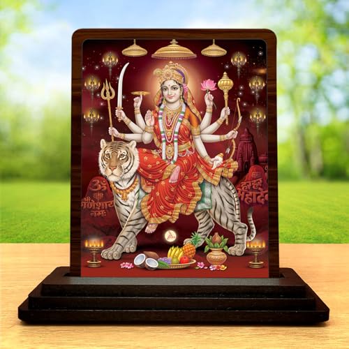 Image 2 of 4x5 Inch Durga MATA Wooden Idol with HD Print | Faith Inspired Desk & Temple Decor