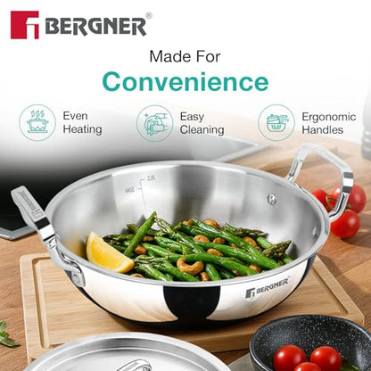 Image 7 of BERGNER TriPro 4 Pcs Tri-Ply Stainless Steel Cookware Combo - 24cm/3L Kadai with Lid, 16cm/1.7L Teapan, 12cm/500ml Tadka Pan