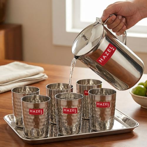 Image 5 of HAZEL Steel Jug with Hammered Glasses and Tray Combo of 8