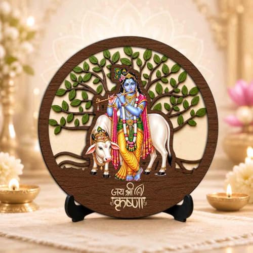 Image 2 of Krishna Ji Wooden Murti for Home Mandir, Prayer Room, Table Top Decor & Spiritual Gifting - 5x5 Inch