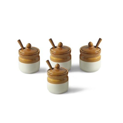 Image 3 of ExclusiveLane 'Barni Tales' Ceramic Pickle Jars for Dining Table With Spoon (Set Of 4, Non-Airtight, 270 ml, Hand-Glazed) | Pickle Jar With Spoon Achar Jar Set Achar Container Set for Dining Table|