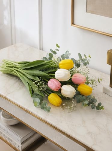 Image 3 of Divyakosh Artificial Flowers for Vase (Vase Not Included)- Luxury Tulip Flower Bouquet with Eucalyptus & Baby's Breath, Faux Floral Arrangement for Home Decor, Living Room, Wedding Decoration, Office